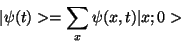 \begin{displaymath}
\vert\psi(t)>=\sum_x \psi(x,t)\vert x;0>
\end{displaymath}